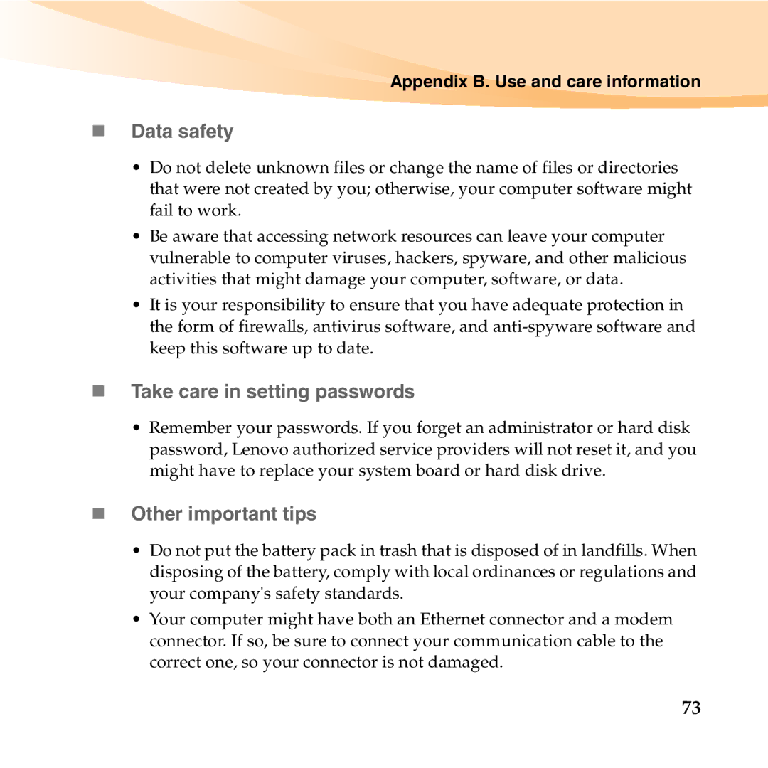 Lenovo U455 manual „ Data safety, „ Take care in setting passwords, „ Other important tips 