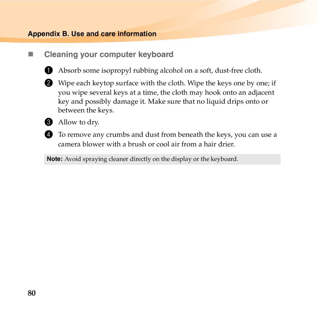 Lenovo U455 manual „ Cleaning your computer keyboard 