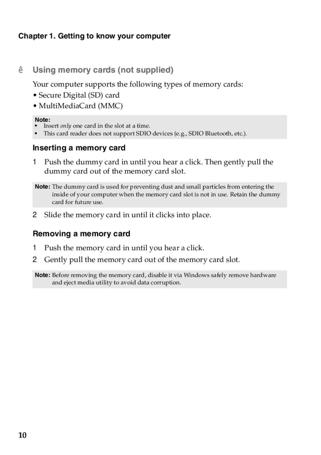 Lenovo 4941XF2, U510, 59RF0049 manual „ Using memory cards not supplied, Inserting a memory card, Removing a memory card 