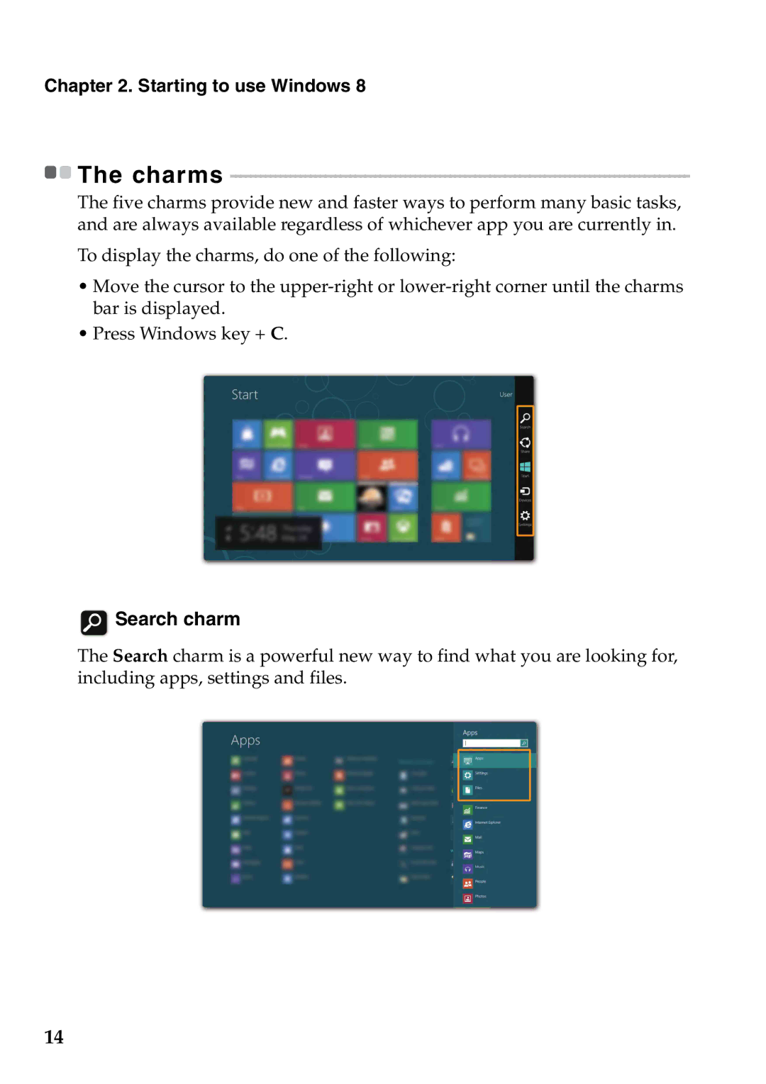 Lenovo U510, 59RF0049, 4941XF2 manual Search charm, Starting to use Windows, Charms 