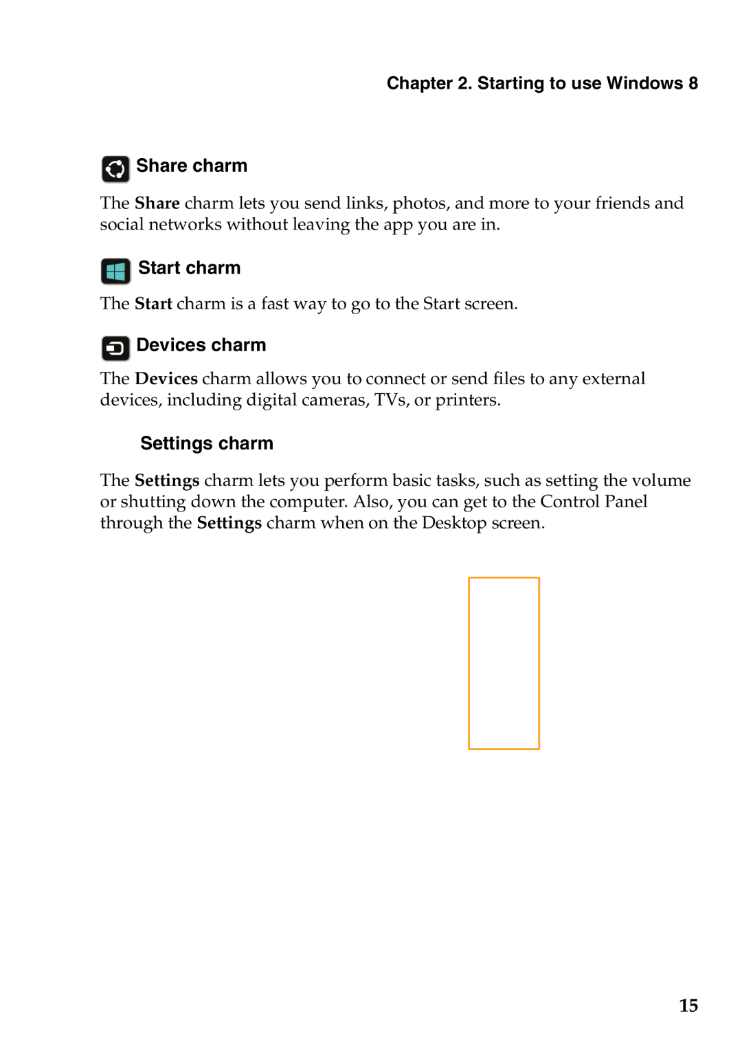 Lenovo 59RF0049, U510, 4941XF2 manual Share charm, Start charm, Devices charm, Settings charm 