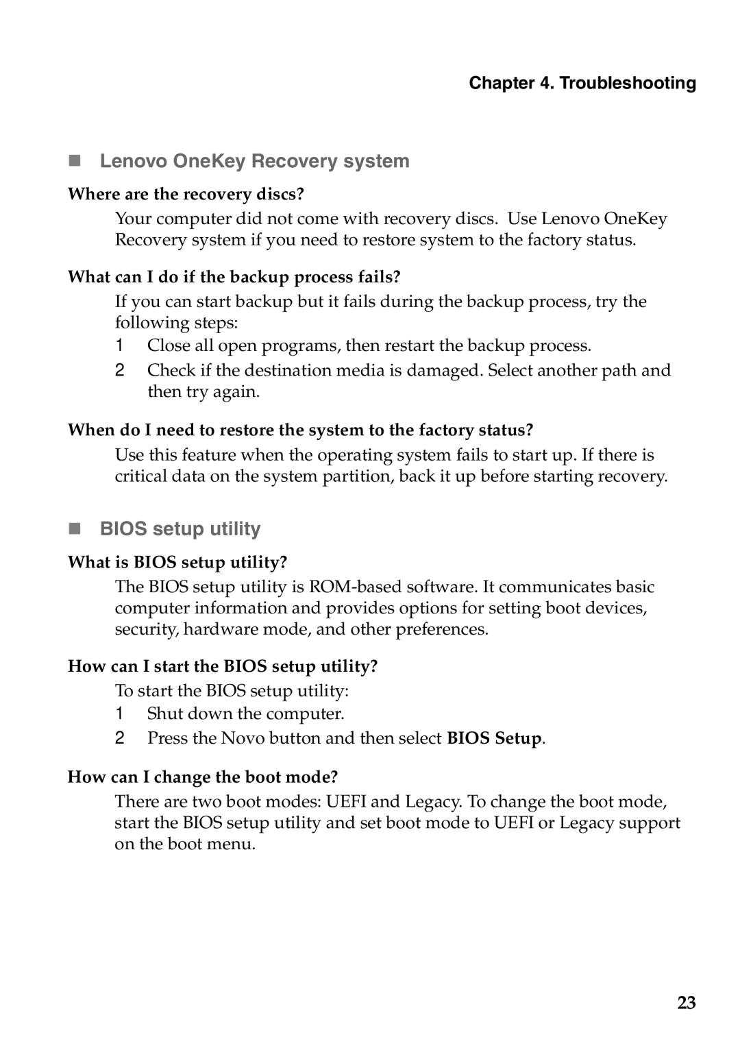 Lenovo U510, 59RF0049, 4941XF2 manual „ Lenovo OneKey Recovery system, „ Bios setup utility, Troubleshooting 