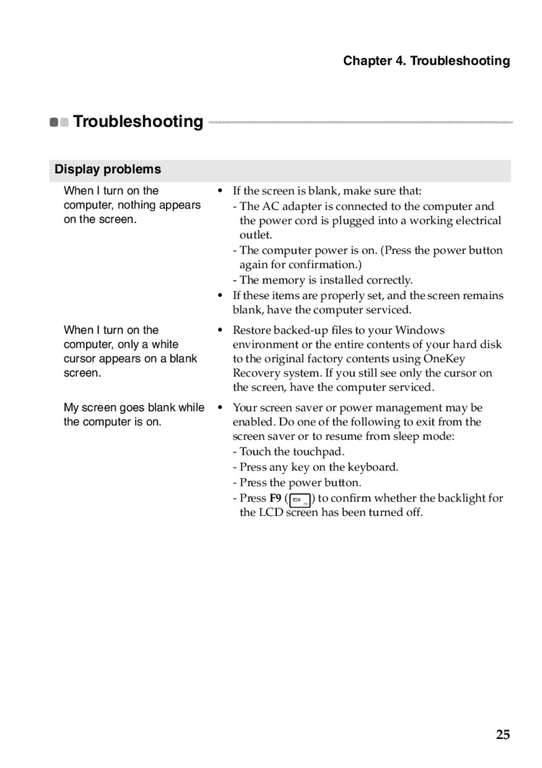 Lenovo 4941XF2, U510, 59RF0049 manual Troubleshooting, Display problems 