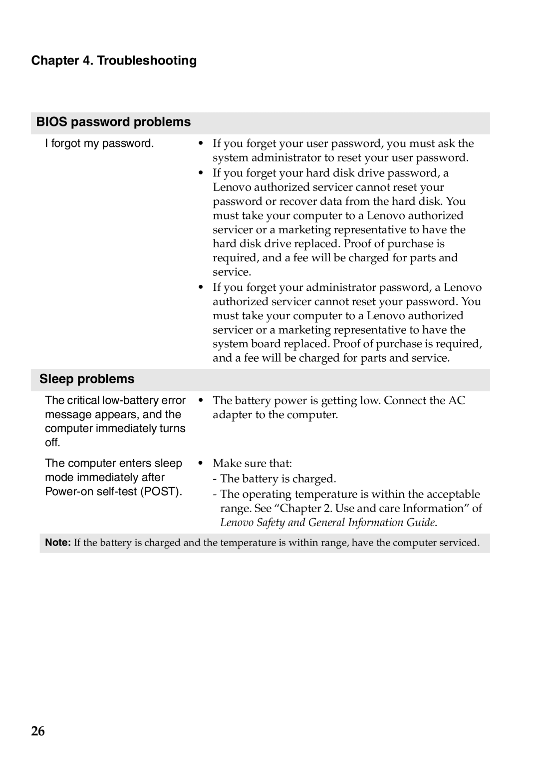 Lenovo U510, 59RF0049, 4941XF2 manual Troubleshooting Bios password problems, Sleep problems 