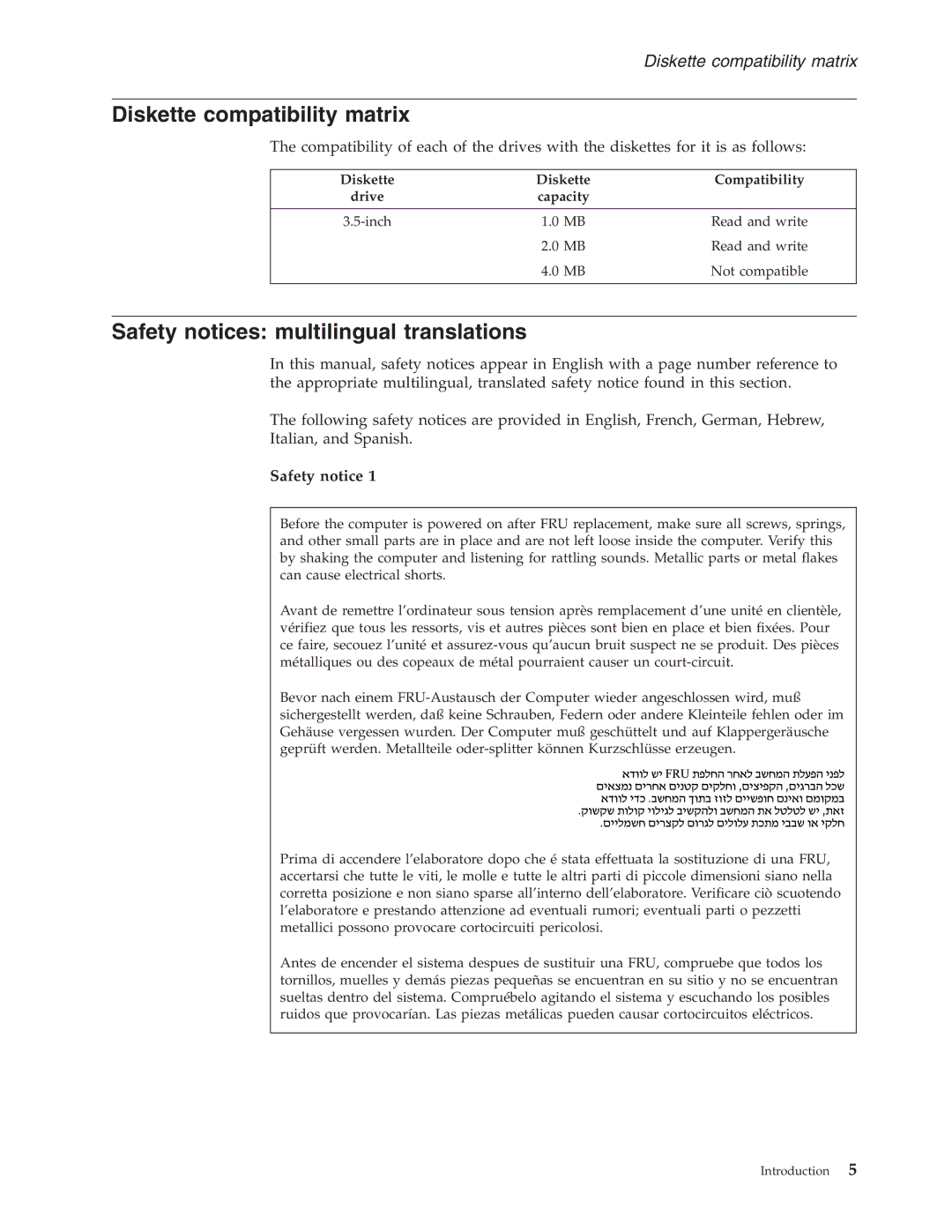 Lenovo V200 Diskette compatibility matrix, Safety notices multilingual translations, Diskette Compatibility Drive Capacity 