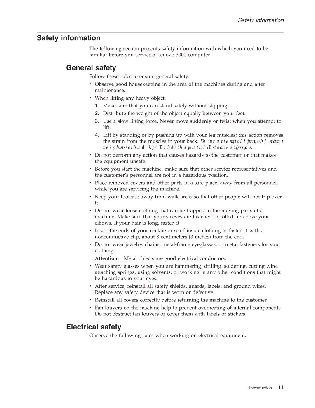 Lenovo V200, V100 manual Safety information, General safety, Electrical safety 