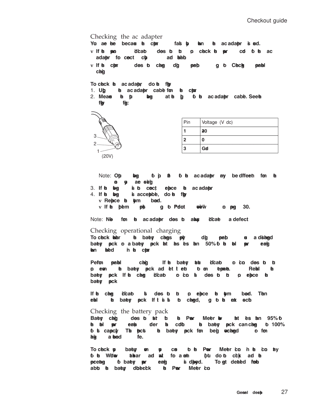Lenovo V200, V100 manual Checking the ac adapter, Checking operational charging, Checking the battery pack, Pin Voltage V dc 
