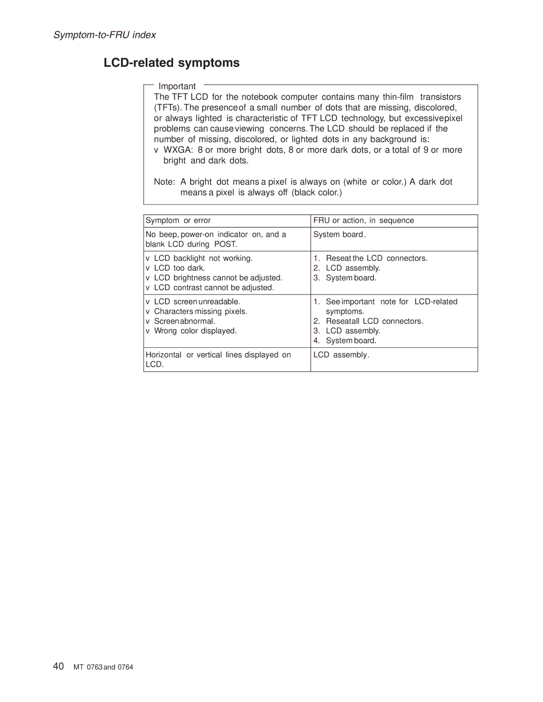 Lenovo V100 LCD-related symptoms, Reseat the LCD connectors, See important note for LCD-related, Symptoms, LCD assembly 