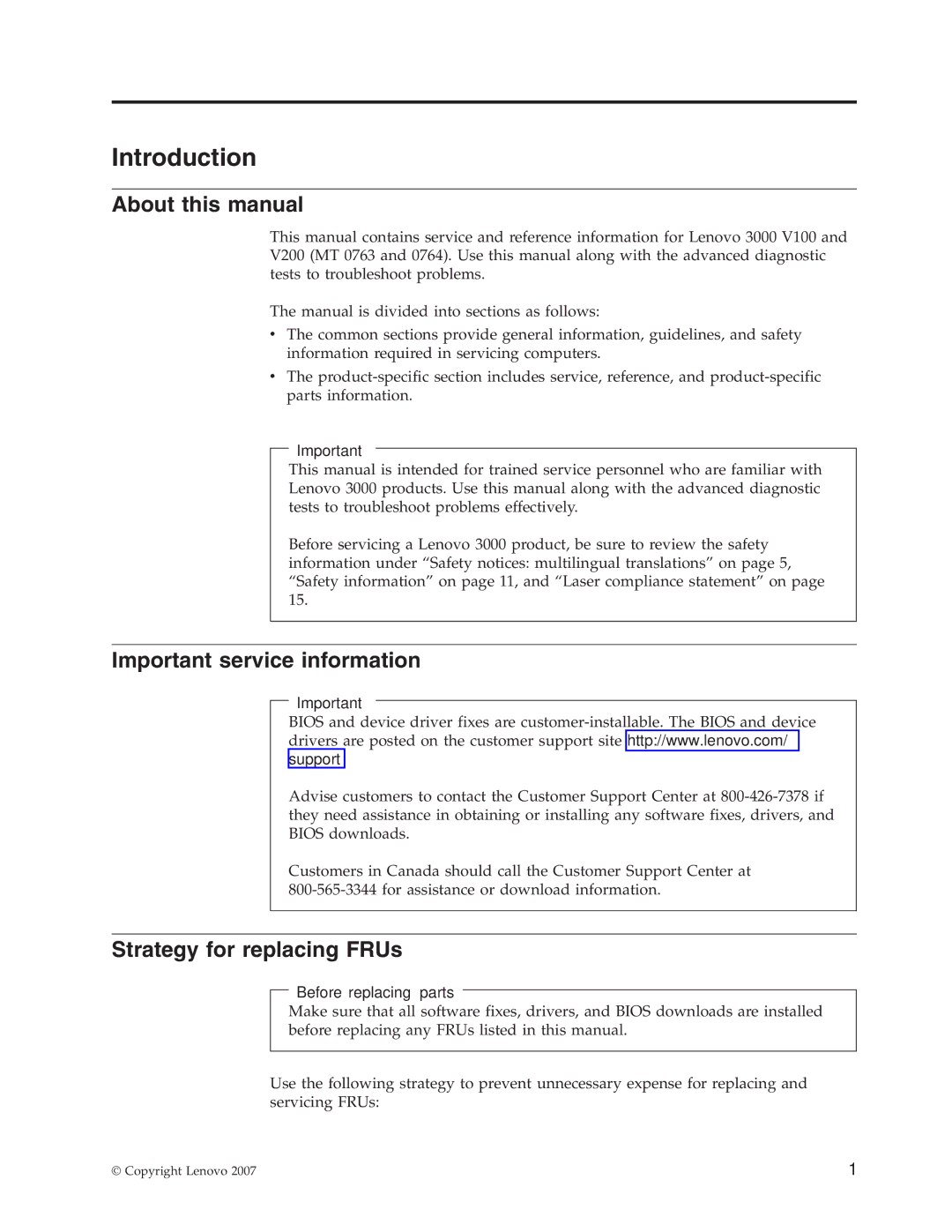 Lenovo V200, V100 About this manual, Important service information, Strategy for replacing FRUs, Before replacing parts 