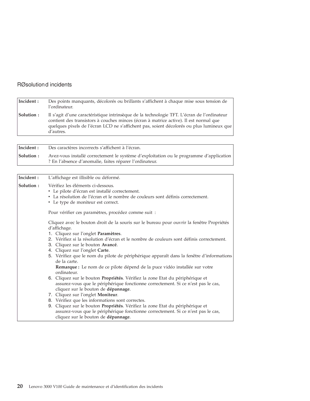 Lenovo V100 manual Résolution d’incidents 