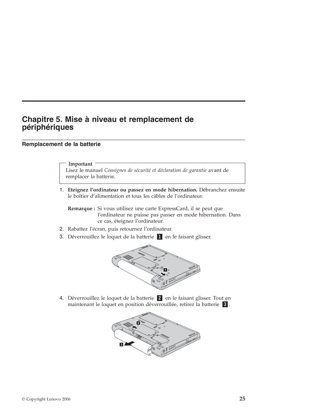 Lenovo V100 manual Chapitre 5. Mise à niveau et remplacement de périphériques, Remplacement de la batterie 