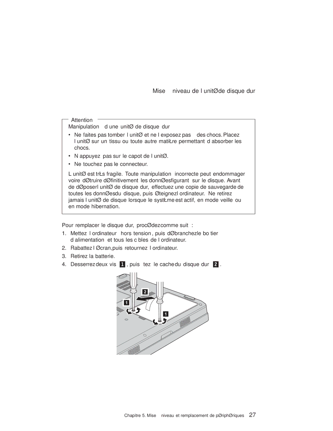 Lenovo V100 manual Mise à niveau de l’unité de disque dur, Manipulation d’une unité de disque dur 