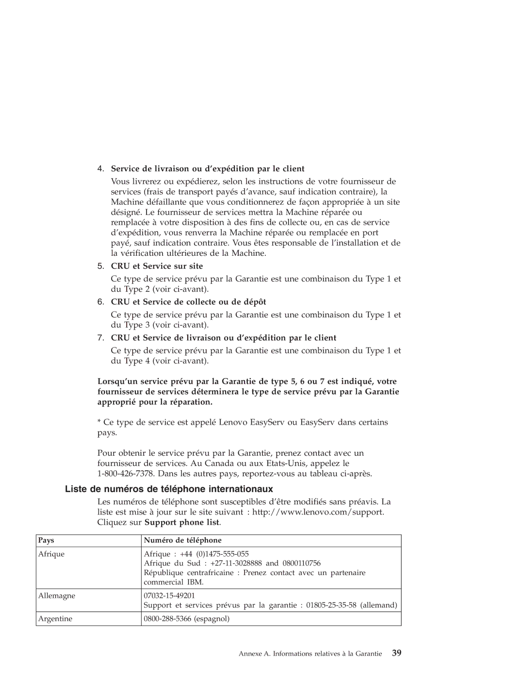 Lenovo V100 manual Liste de numéros de téléphone internationaux, Service de livraison ou d’expédition par le client 