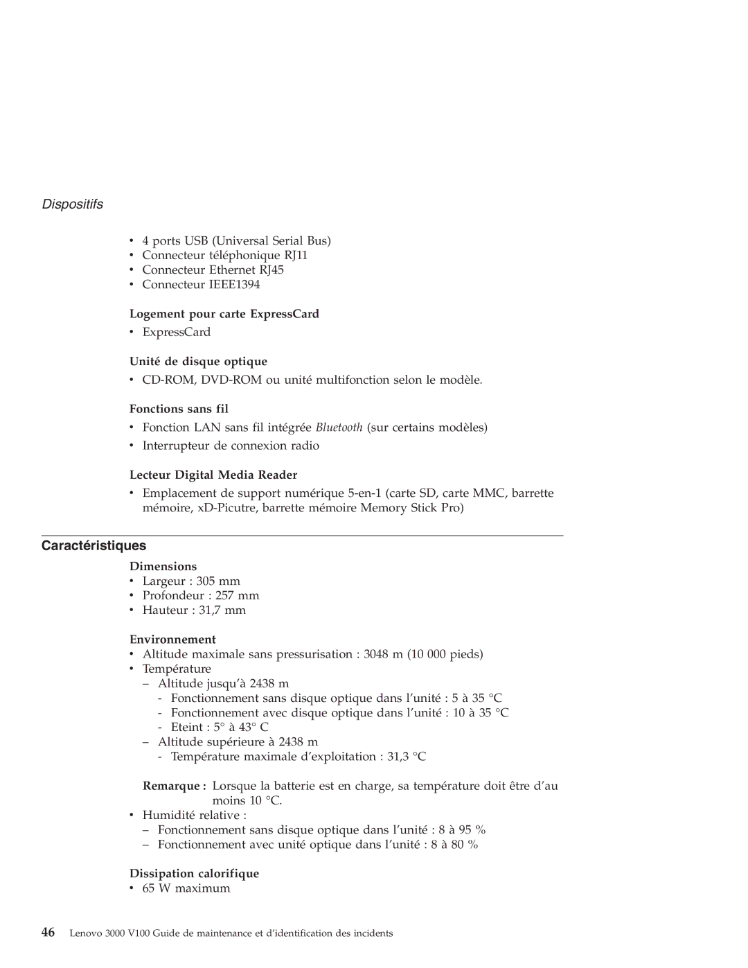 Lenovo V100 manual Dispositifs, Caractéristiques 