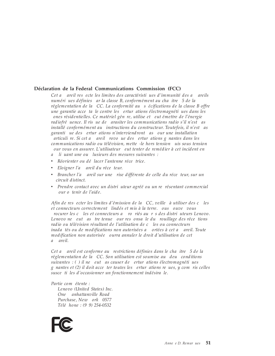 Lenovo V100 manual Déclaration de la Federal Communications Commission FCC 