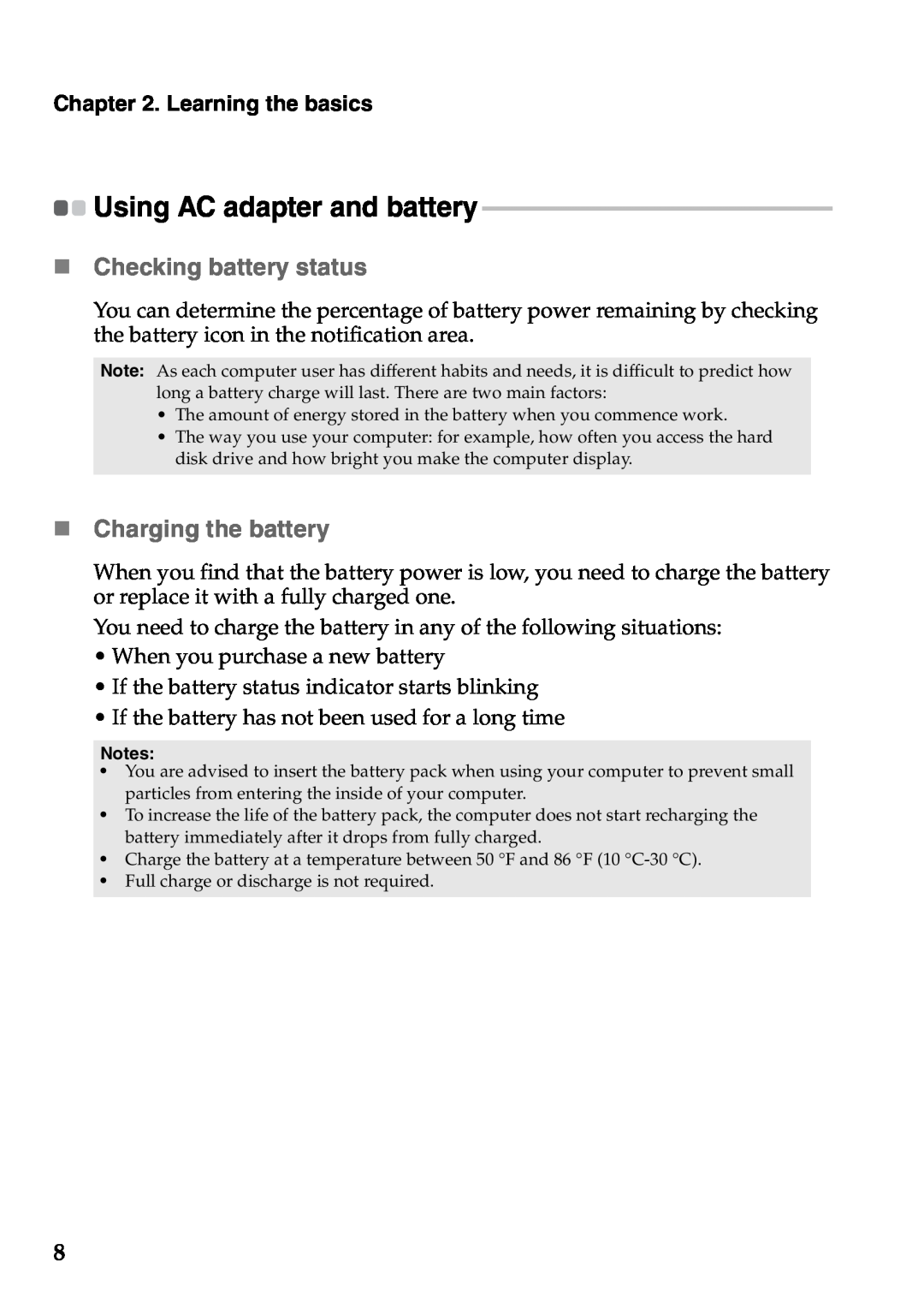 Lenovo V360 manual Using AC adapter and battery, „ Checking battery status, „ Charging the battery, Learning the basics 