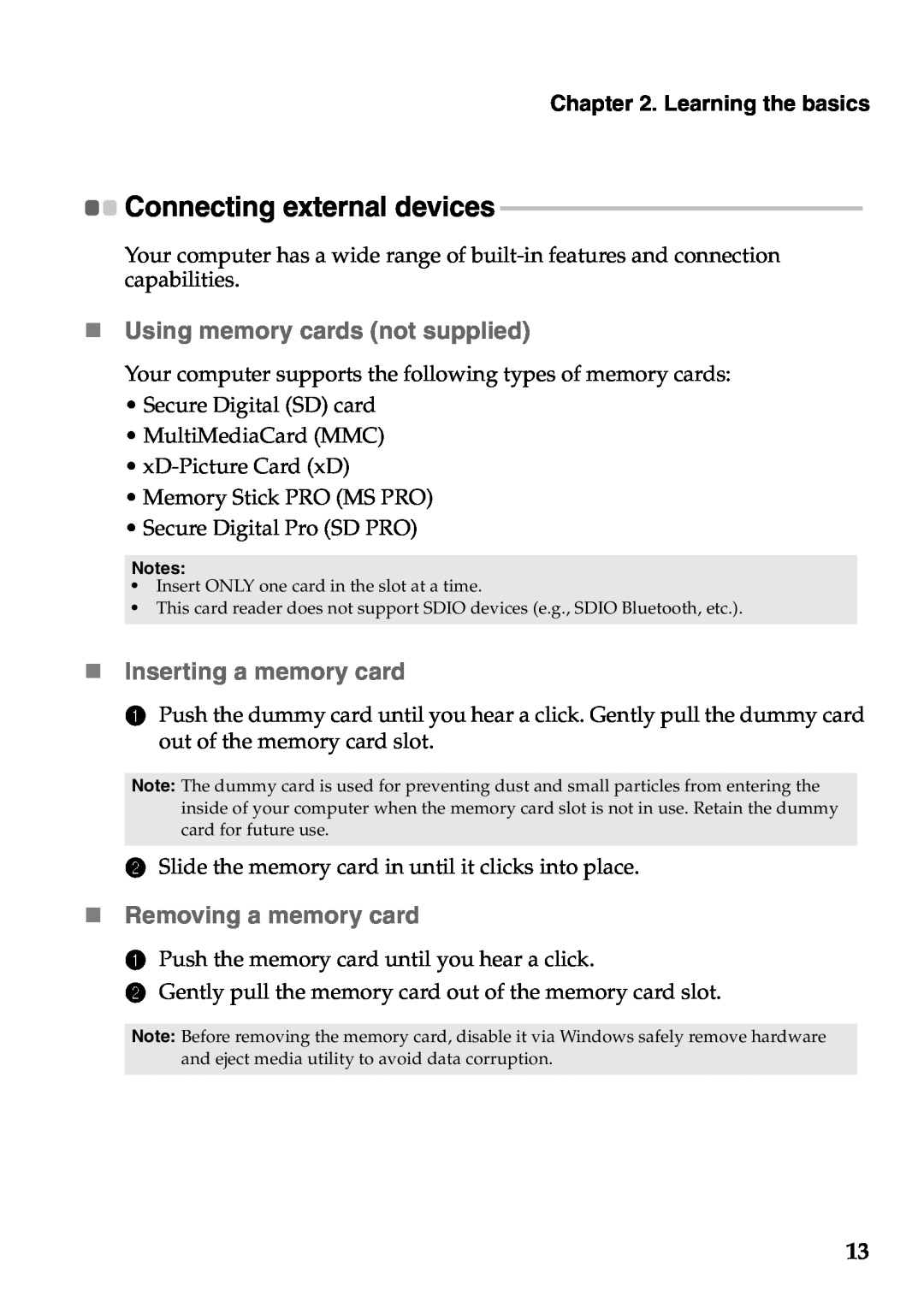 Lenovo V360 „ Using memory cards not supplied, „ Inserting a memory card, „ Removing a memory card, Learning the basics 