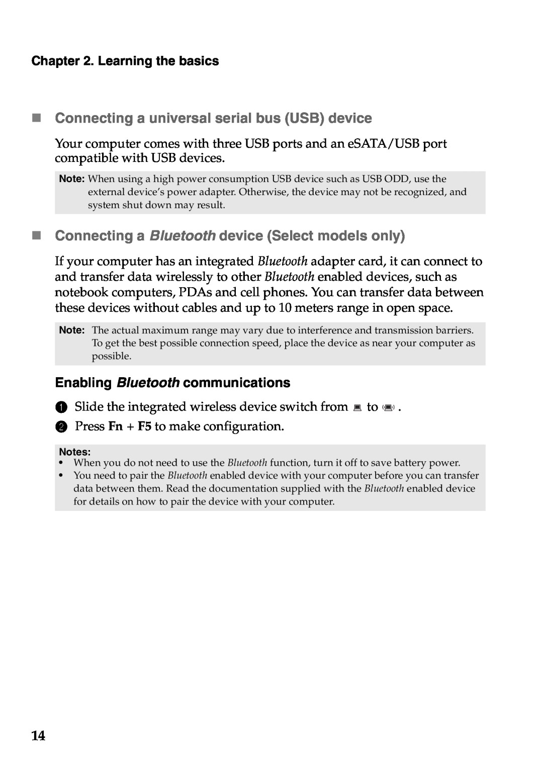 Lenovo V360 manual „ Connecting a universal serial bus USB device, „ Connecting a Bluetooth device Select models only 