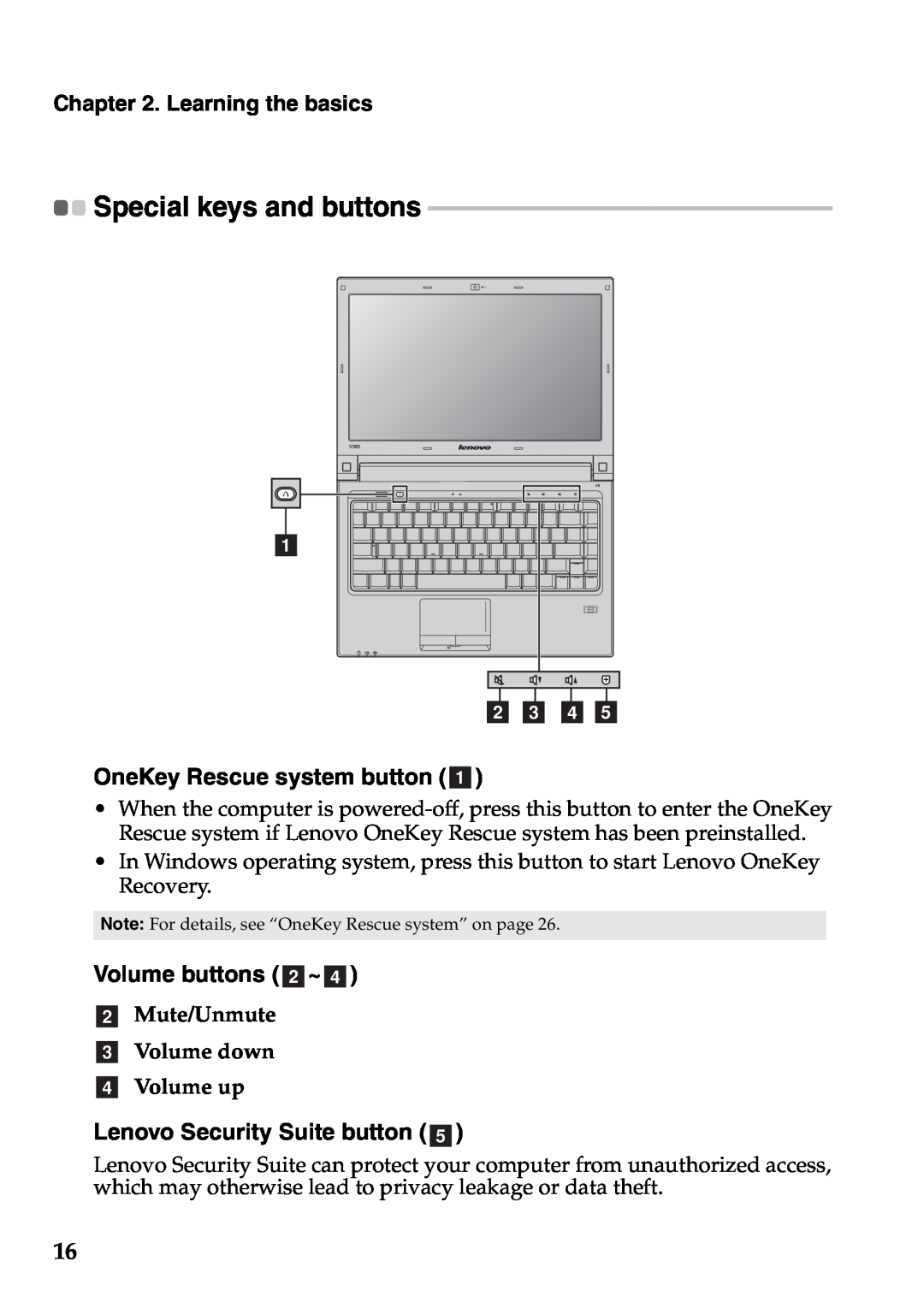 Lenovo V360 manual OneKey Rescue system button a, Volume buttons b~d, Lenovo Security Suite button e, Learning the basics 