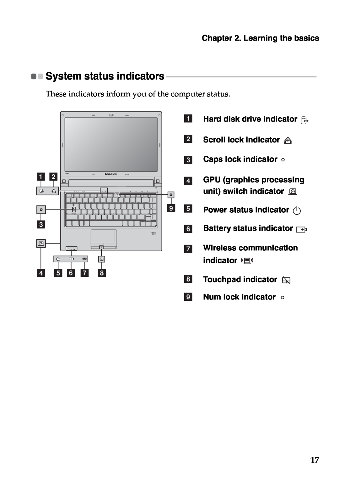 Lenovo V360 manual Learning the basics, System status indicators, d e f g h 