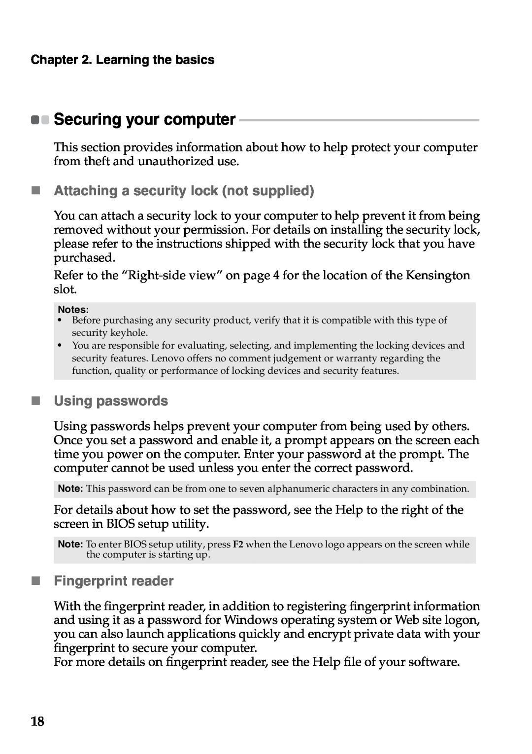 Lenovo V360 manual „ Attaching a security lock not supplied, „ Using passwords, „ Fingerprint reader, Learning the basics 