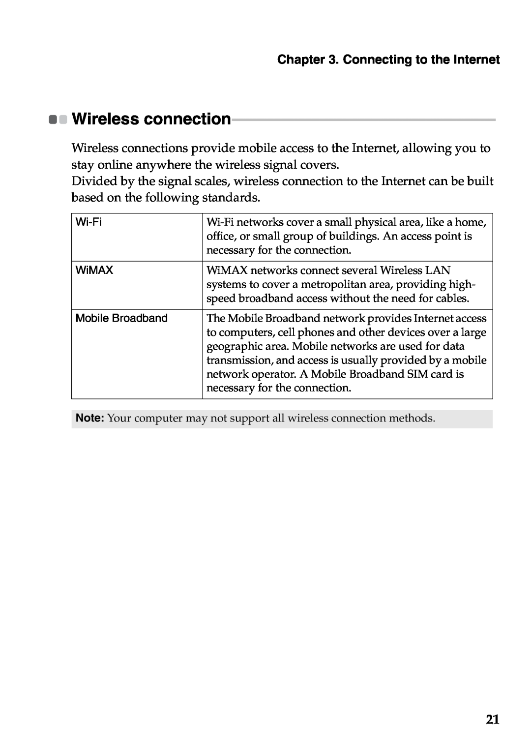Lenovo V360 manual Connecting to the Internet, Wireless connection, Wi-Fi, WiMAX, Mobile Broadband 