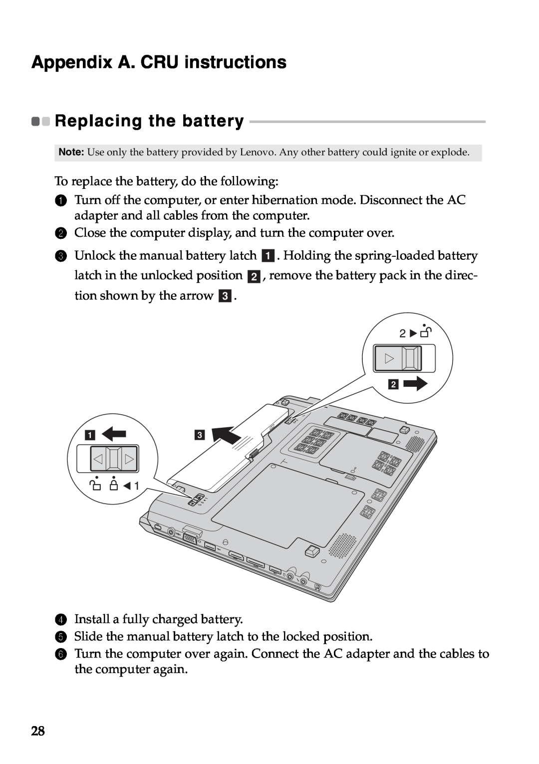 Lenovo V360 manual Appendix A. CRU instructions, Replacing the battery 