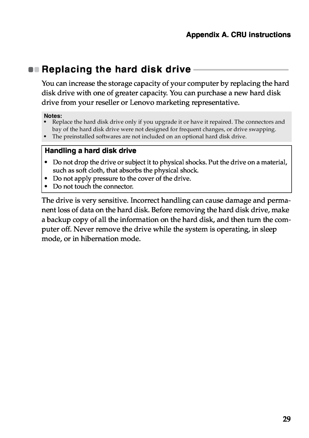Lenovo V360 manual Replacing the hard disk drive, Appendix A. CRU instructions, Handling a hard disk drive 