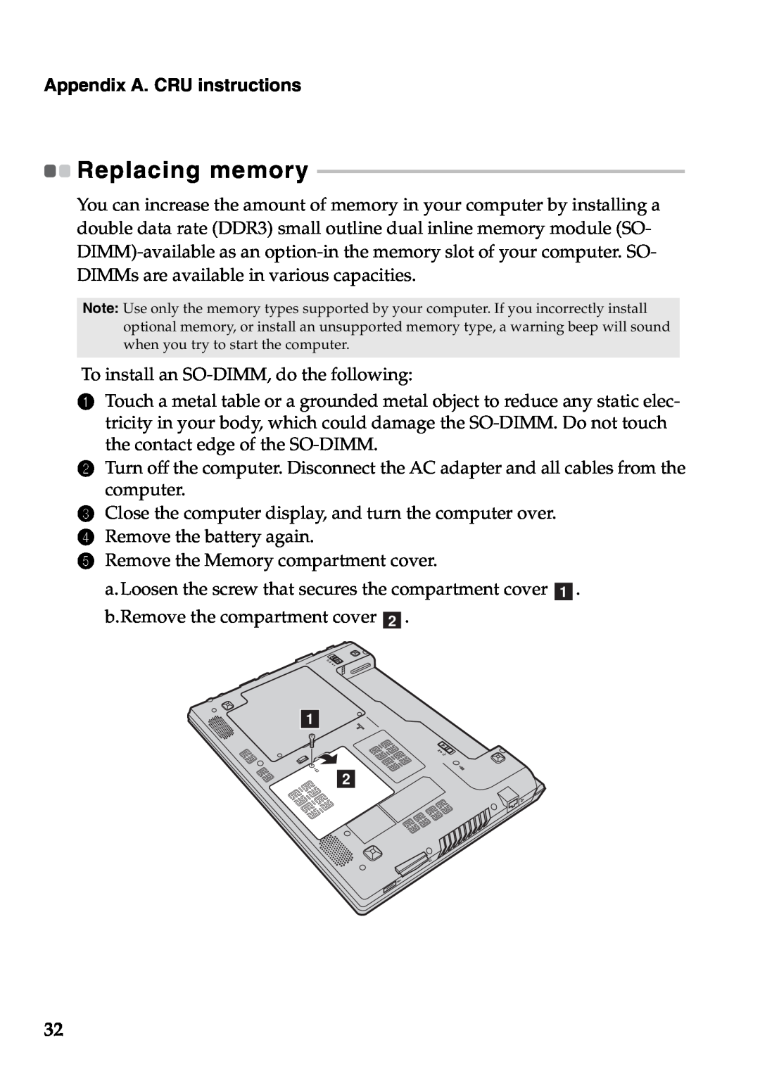 Lenovo V360 manual Replacing memory, Appendix A. CRU instructions 