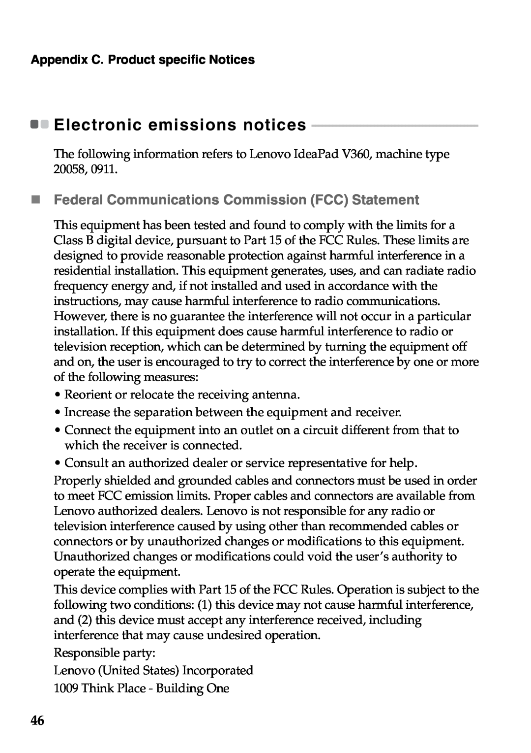 Lenovo V360 manual Electronic emissions notices, „ Federal Communications Commission FCC Statement 