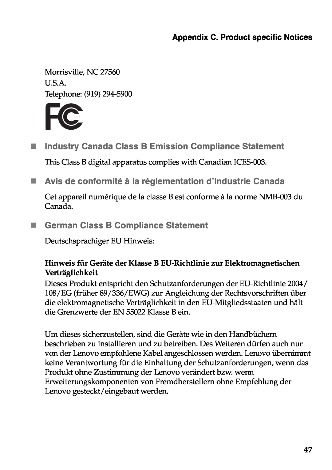 Lenovo V360 manual „ Industry Canada Class B Emission Compliance Statement, „ German Class B Compliance Statement 