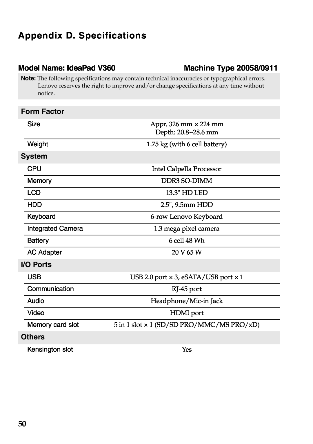 Lenovo V360 manual Appendix D. Specifications, Model Name IdeaPad, Machine Type 20058/0911, Form Factor, System, I/O Ports 