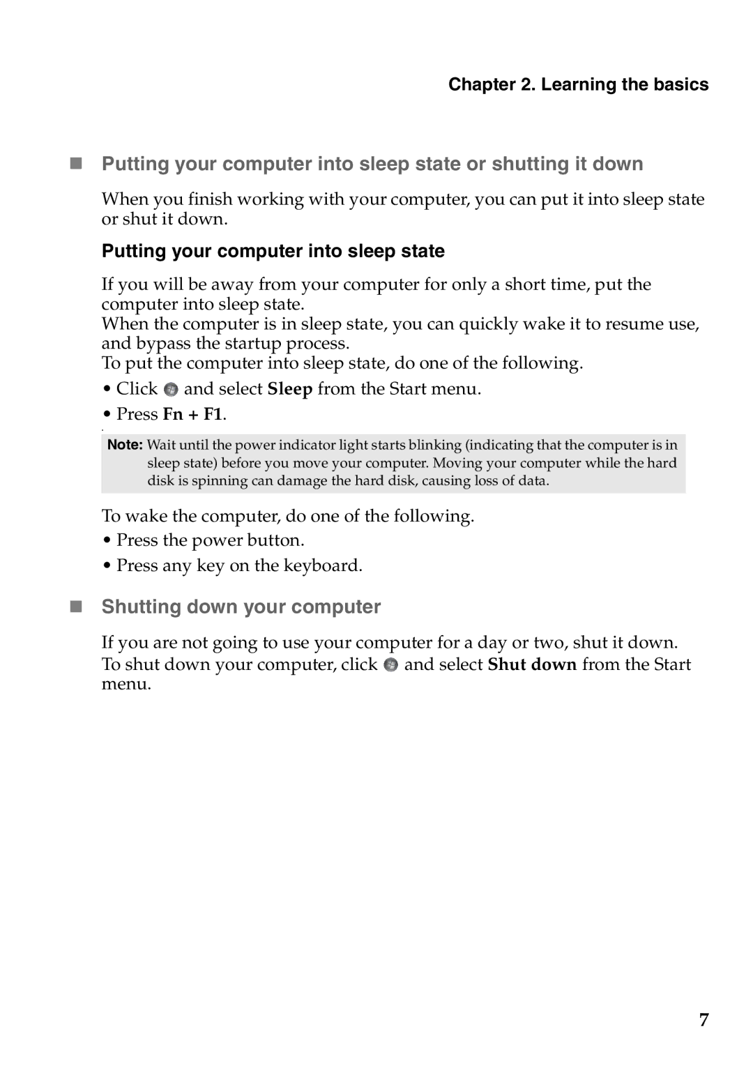 Lenovo V360 manual „ Shutting down your computer, Putting your computer into sleep state, Learning the basics 