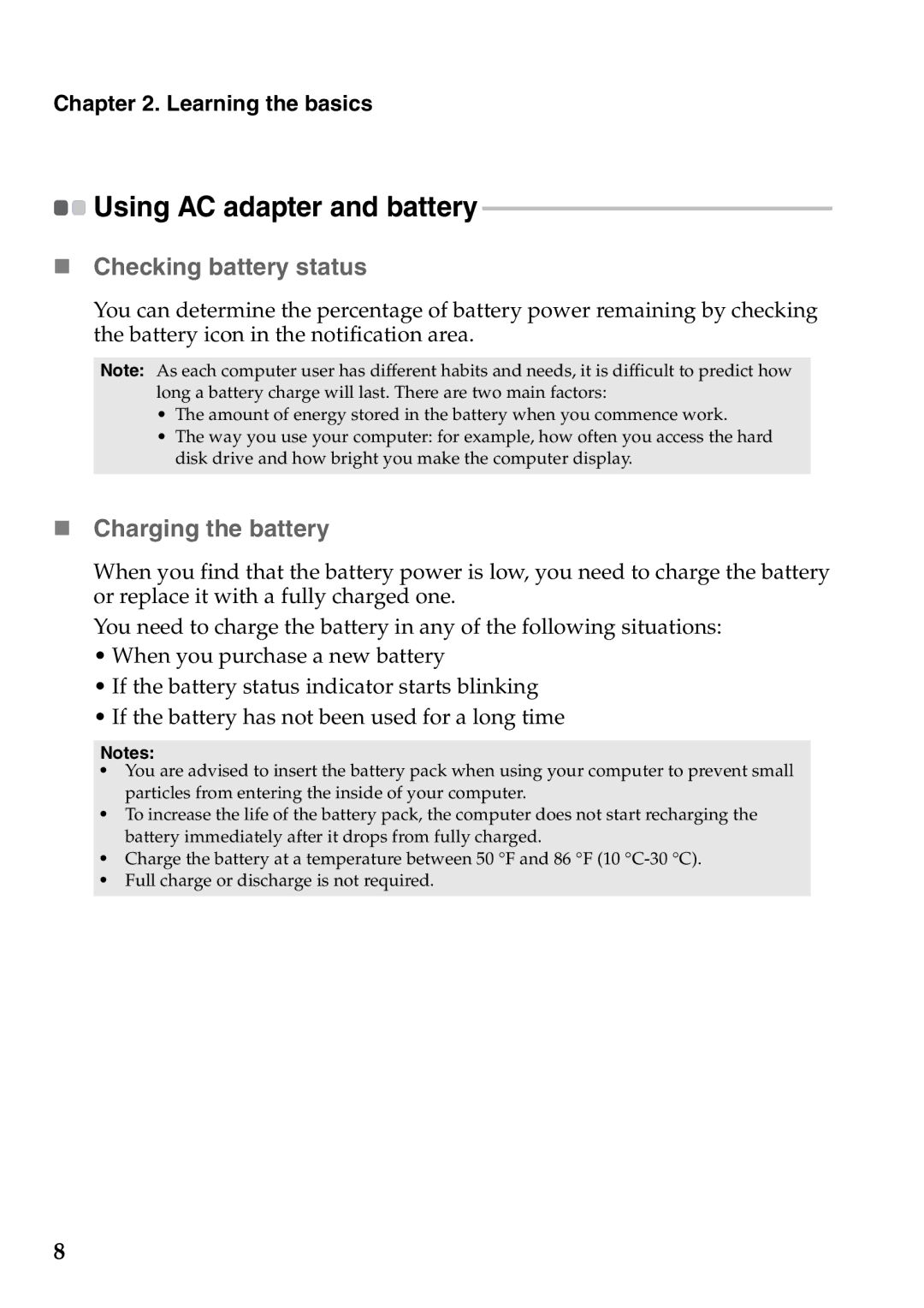 Lenovo V360 manual „ Checking battery status, „ Charging the battery 