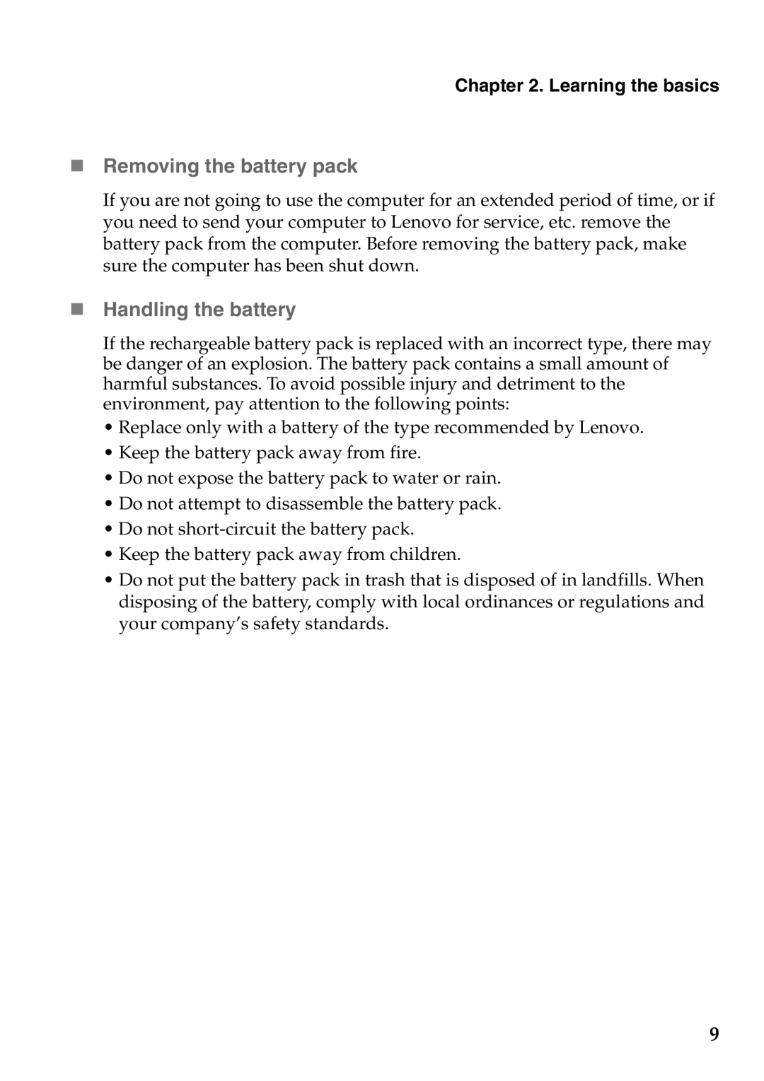 Lenovo V360 manual „ Removing the battery pack, „ Handling the battery 