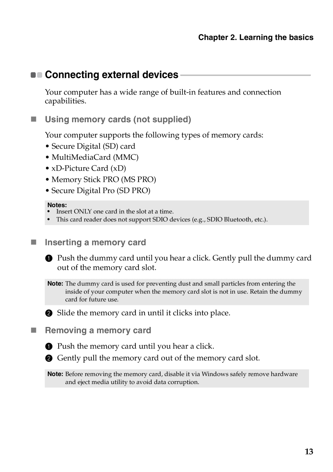 Lenovo V360 manual „ Using memory cards not supplied, „ Inserting a memory card, „ Removing a memory card 