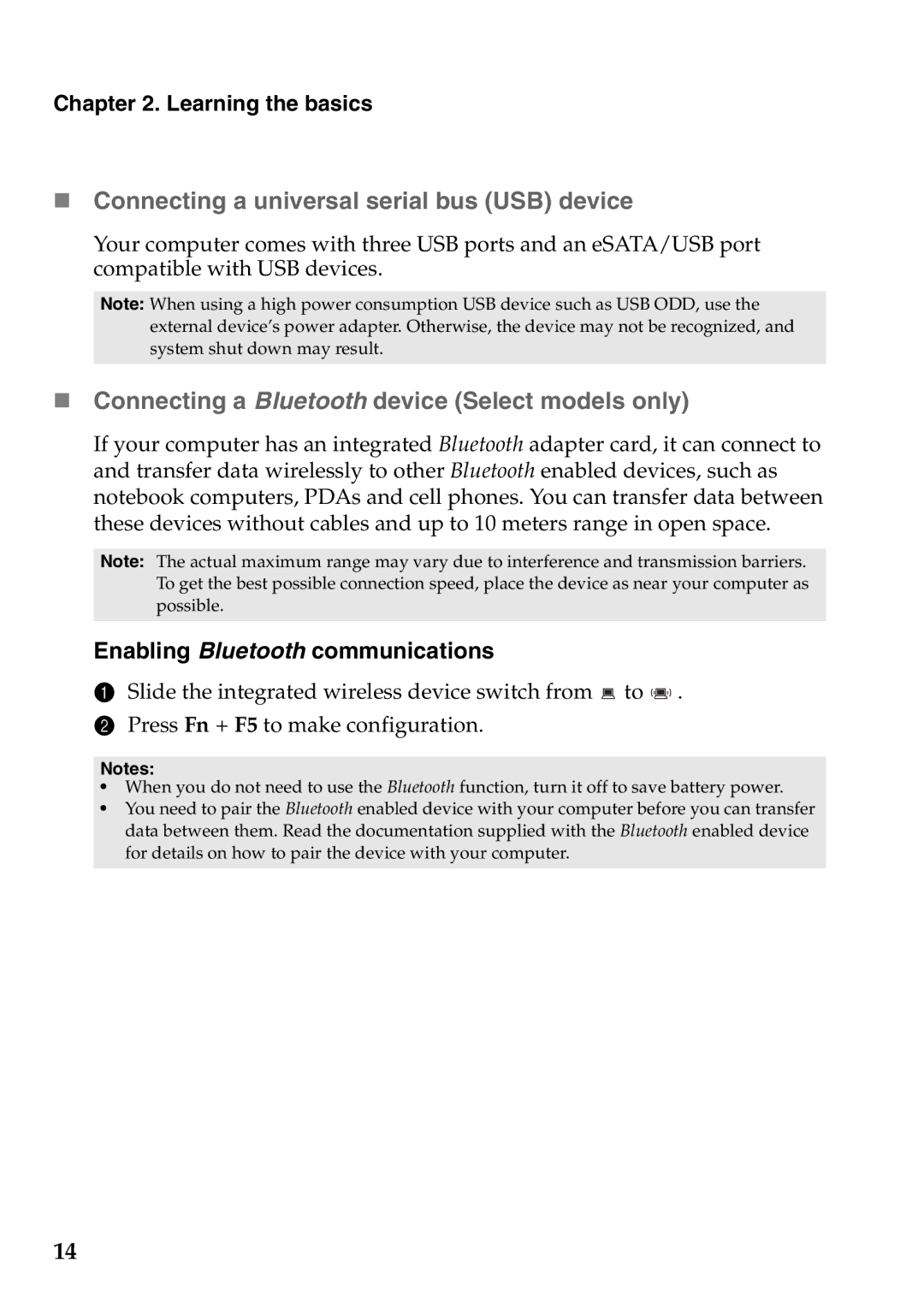 Lenovo V360 manual „ Connecting a universal serial bus USB device, „ Connecting a Bluetooth device Select models only 