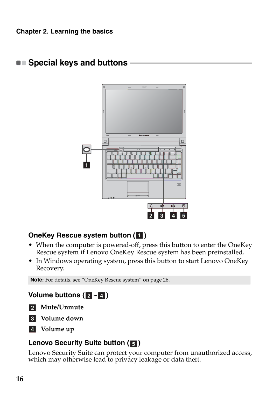 Lenovo V360 OneKey Rescue system button a, Volume buttons b~d, Lenovo Security Suite button e, Special keys and buttons 