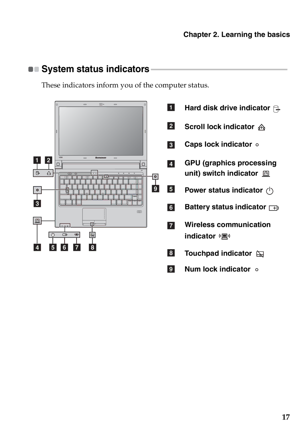 Lenovo V360 manual System status indicators 