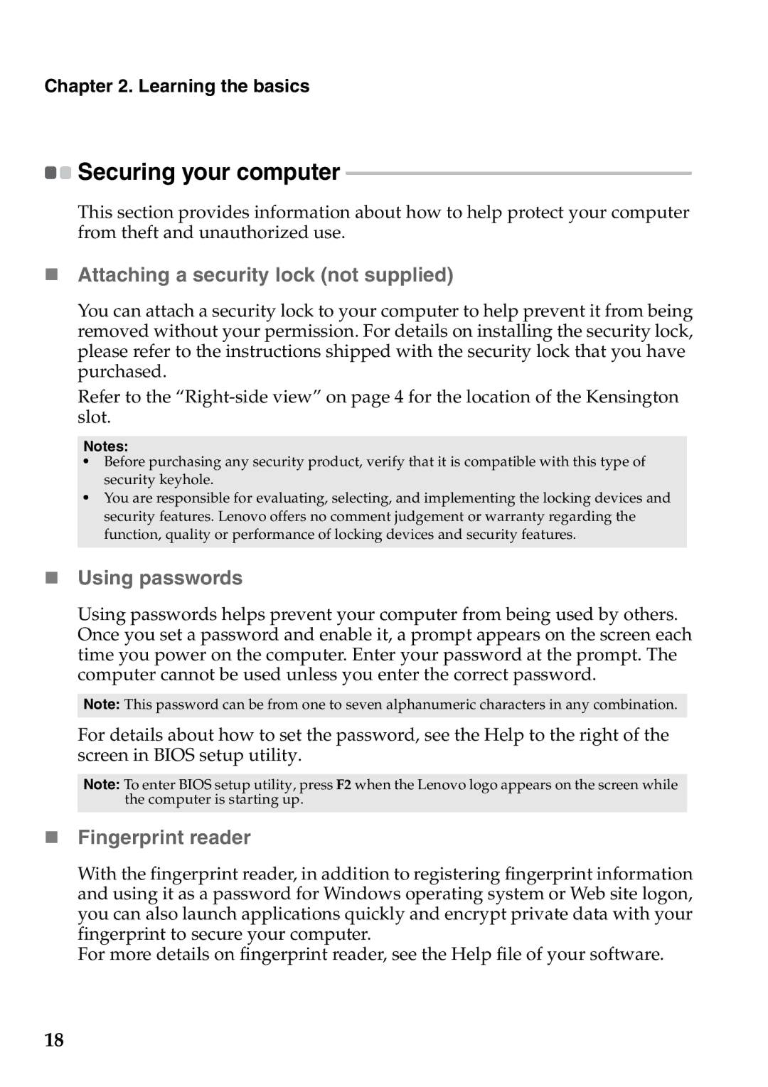 Lenovo V360 „ Attaching a security lock not supplied, „ Using passwords, „ Fingerprint reader, Securing your computer 