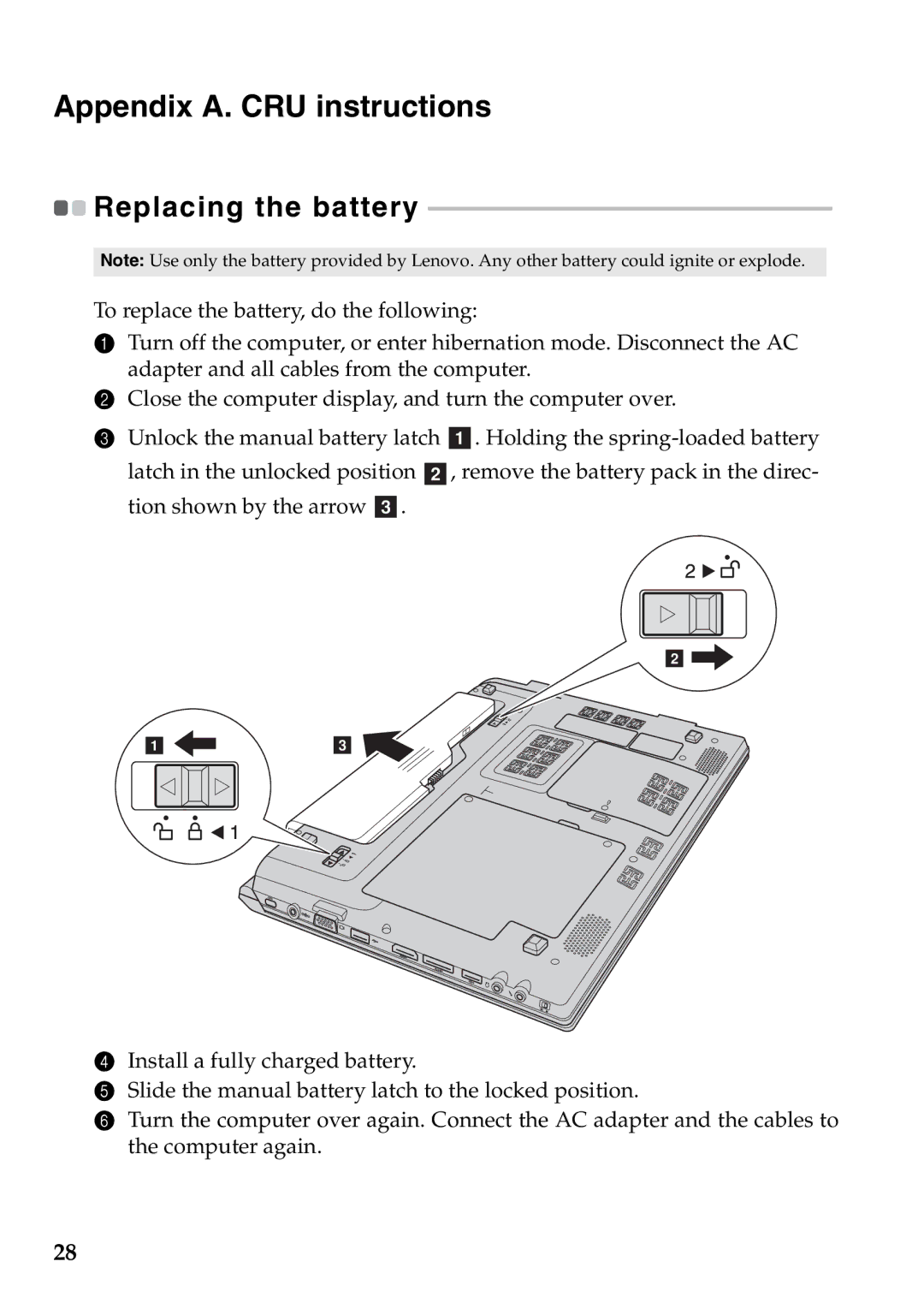 Lenovo V360 manual Appendix A. CRU instructions, Replacing the battery 