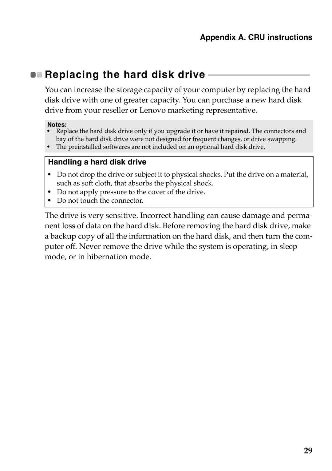 Lenovo V360 manual Appendix A. CRU instructions, Handling a hard disk drive 