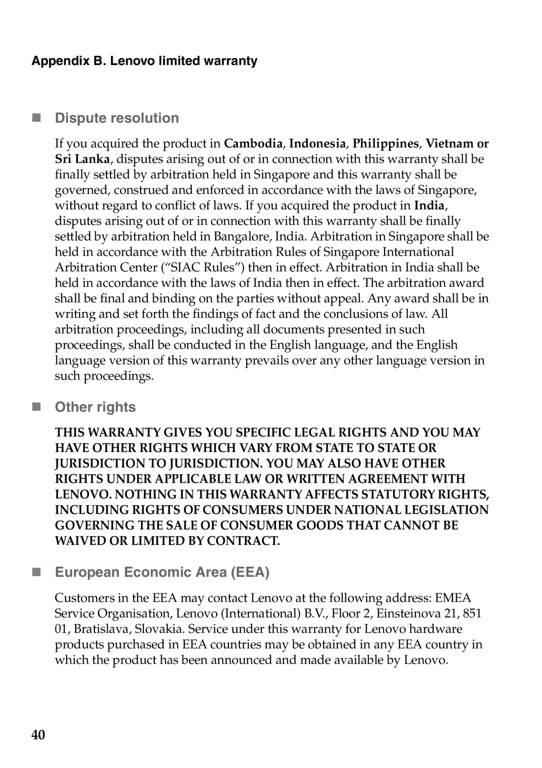 Lenovo V360 manual „ Dispute resolution, „ Other rights, „ European Economic Area EEA 