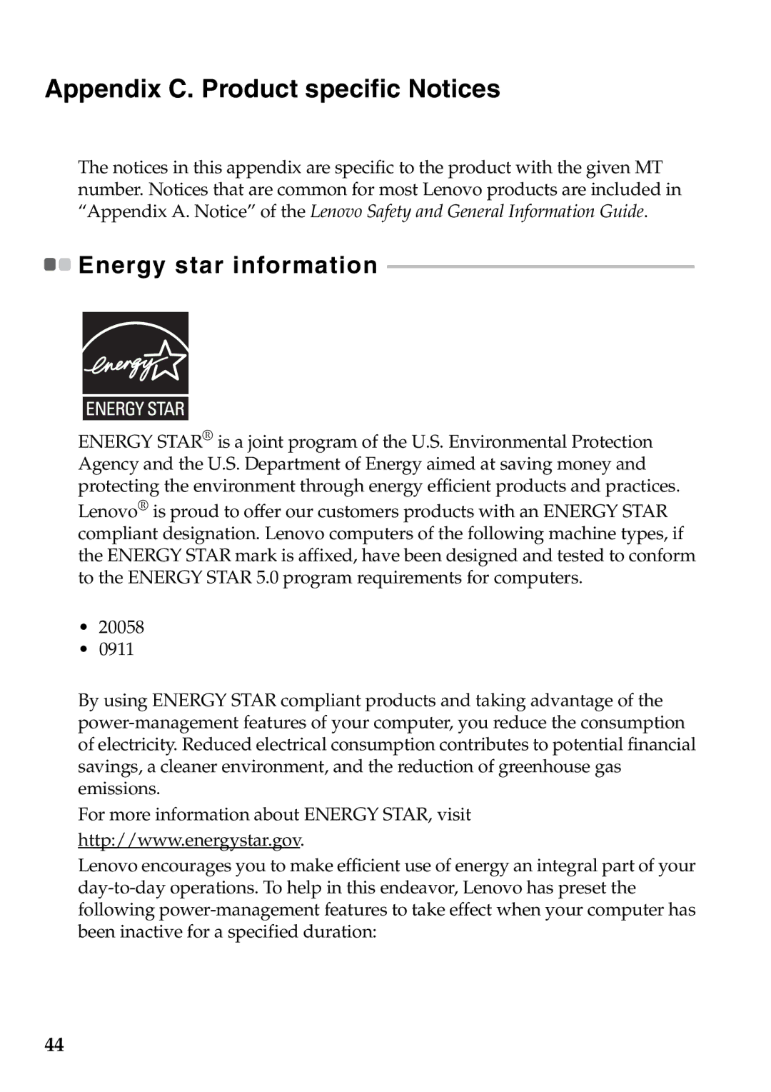 Lenovo V360 manual Appendix C. Product specific Notices, Energy star information 