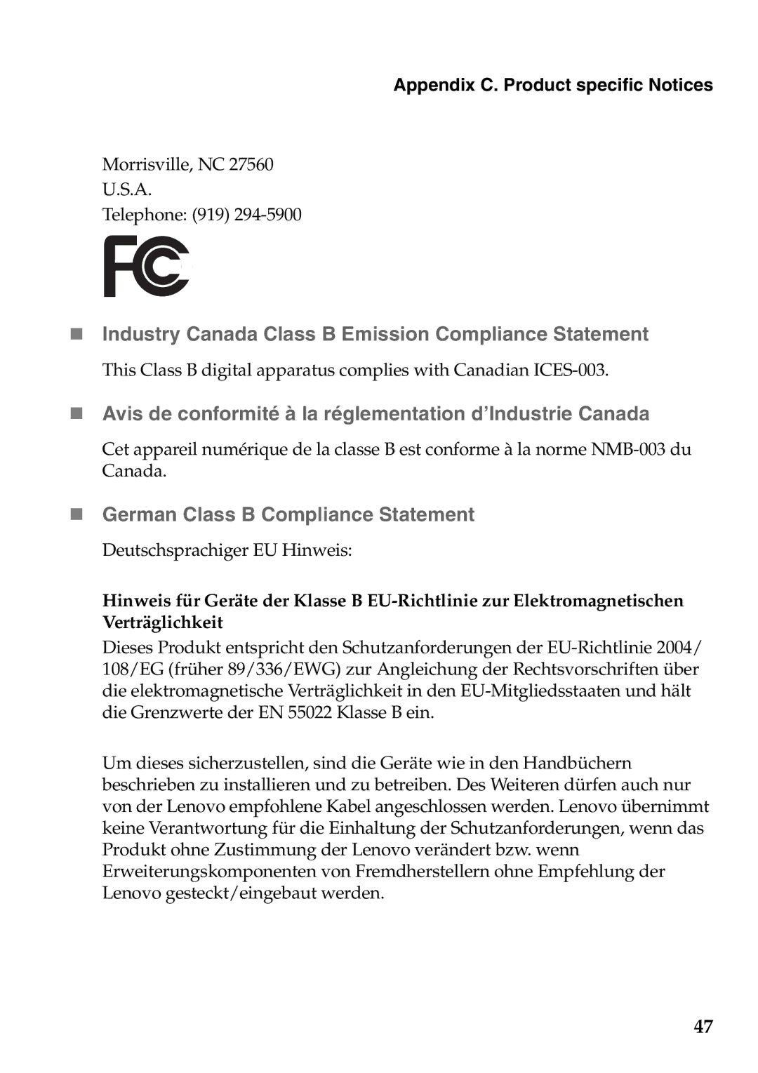 Lenovo V360 manual „ Industry Canada Class B Emission Compliance Statement, „ German Class B Compliance Statement 