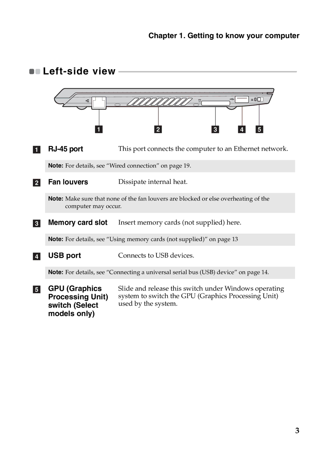 Lenovo V360 manual Getting to know your computer, Left-side view, Fan louvers, USB port 