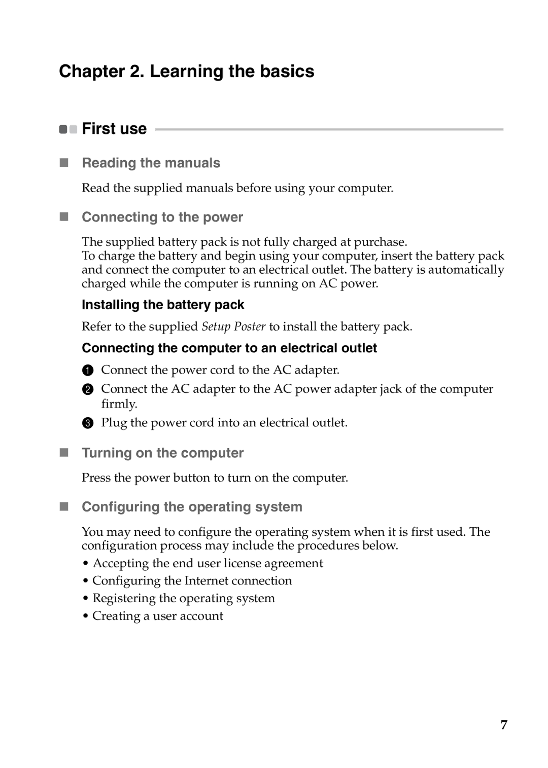 Lenovo V370 Learning the basics, „ Reading the manuals, „ Connecting to the power, „ Turning on the computer 