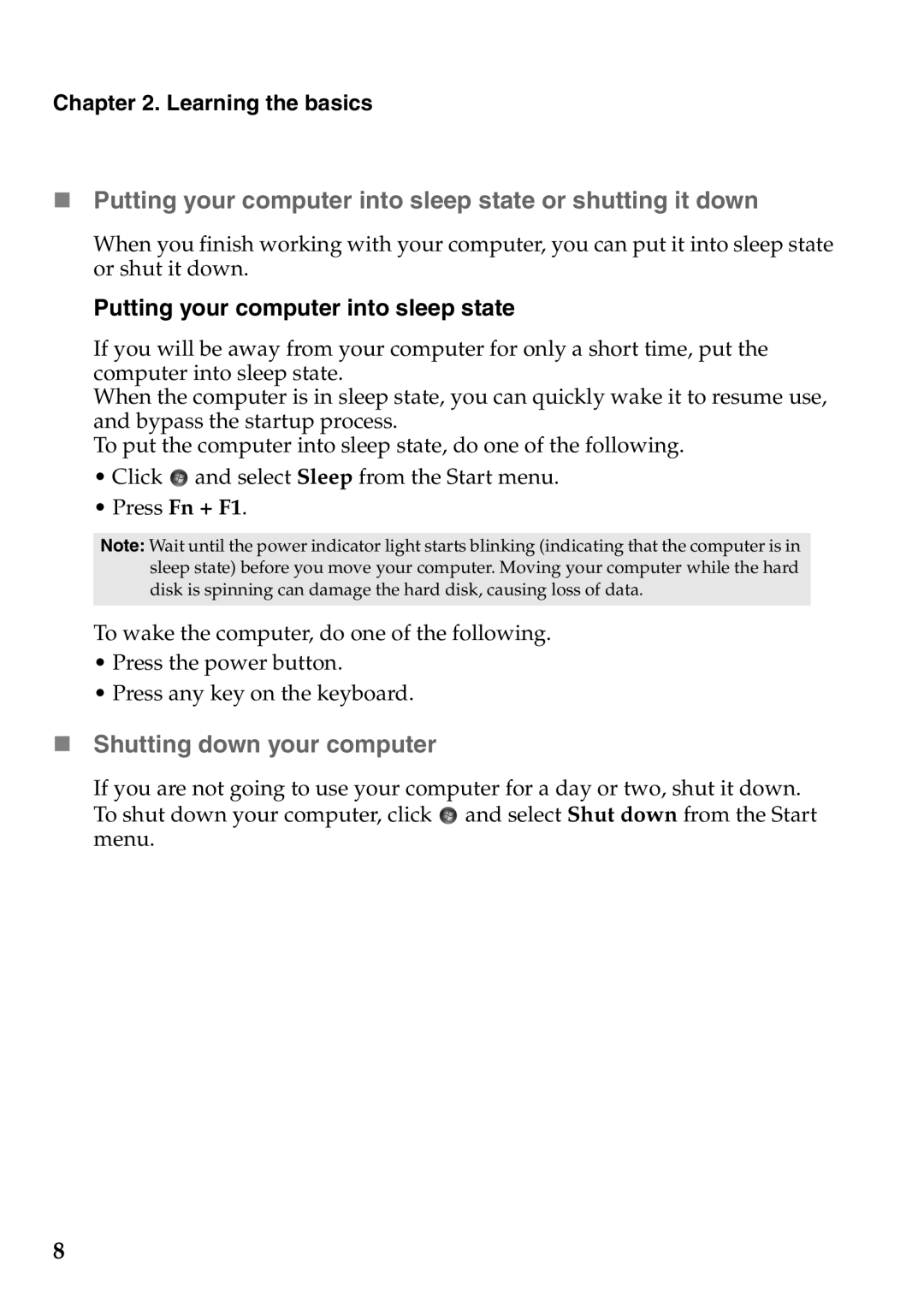 Lenovo V370 manual „ Shutting down your computer, Putting your computer into sleep state 