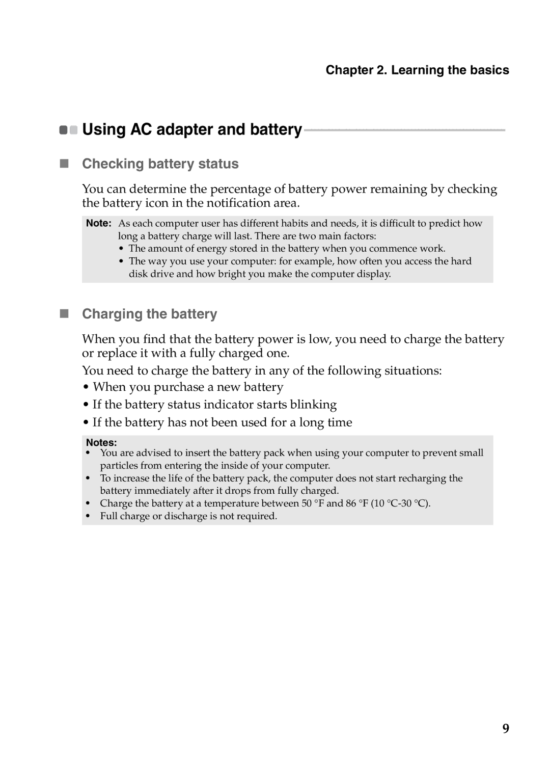 Lenovo V370 manual „ Checking battery status, „ Charging the battery 