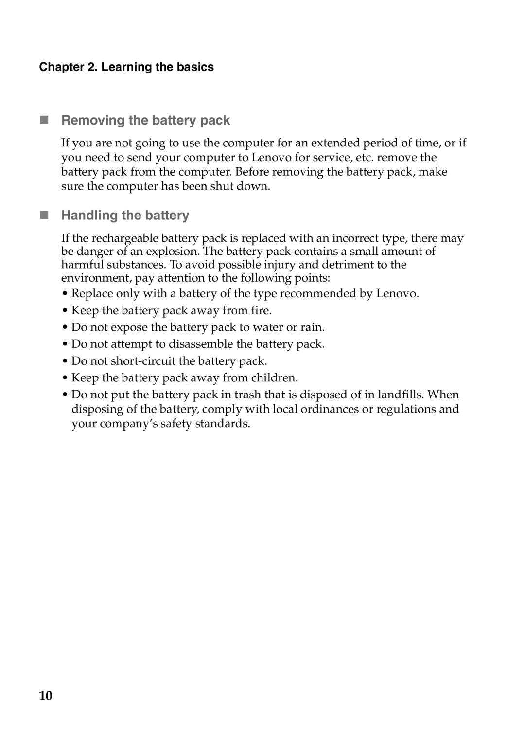 Lenovo V370 manual „ Removing the battery pack, „ Handling the battery 